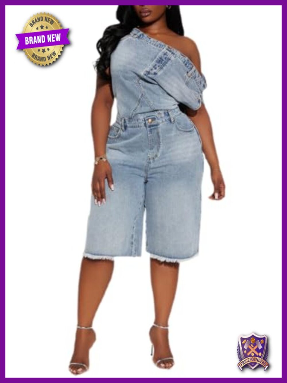 Sexy Off Shoulder Denim Jumpsuit Short Romper One Piece Bodycon with Pockets